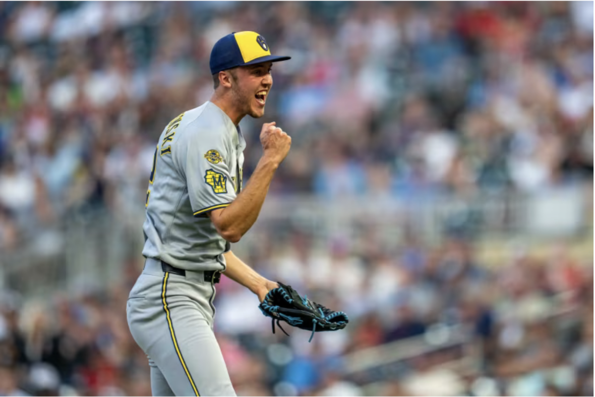 Jacob Misiorowski celebrates after pitching an inning without giving up a hit (photo by Jesse Johnson)