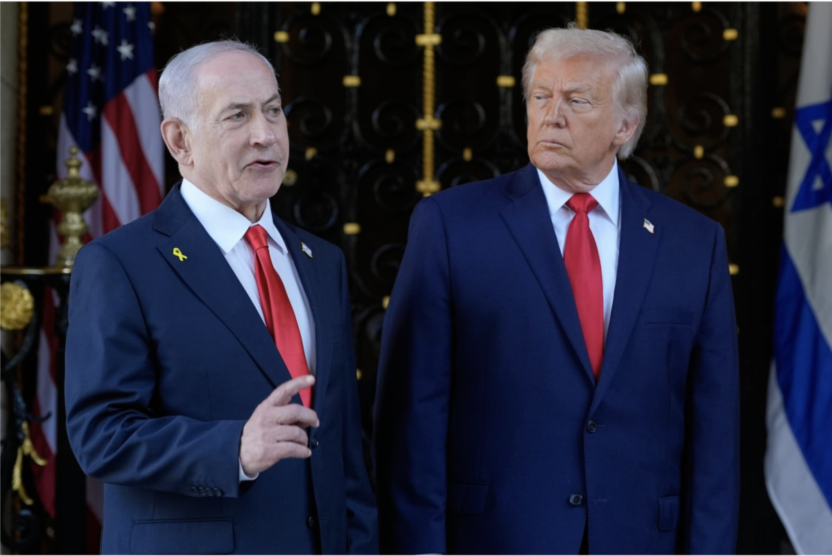 US President Donald Trump (Right)  with Israel prime minister Benjamin Netanyahu (Left), as Netanyahu talks at President Trump's Mar-a-lago club on Dec. 29, 2025, in Palm Beach, Fla. (photo by Alex Brandon)